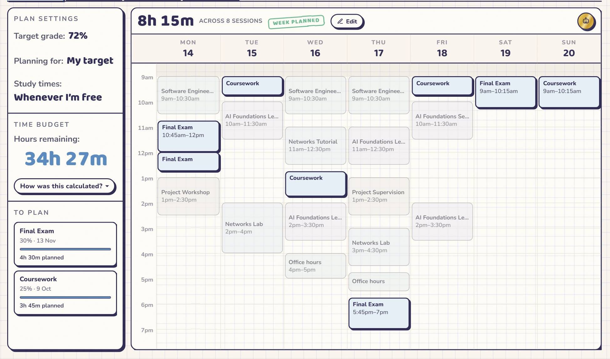 Grade Lab: a week of study sessions planned around lectures and deadlines.